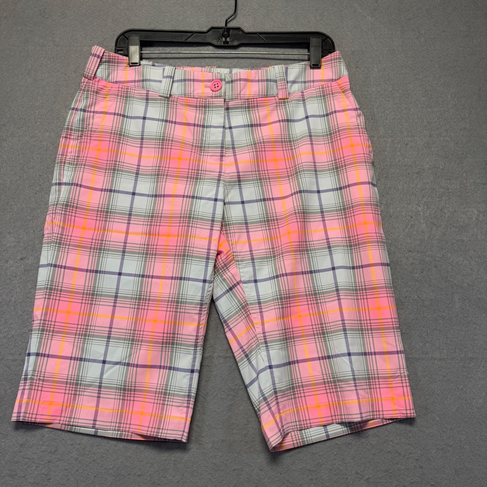 Nike Golf Tour Performance Dri-FIT Pink Orange Plaid Bermuda Shorts Womens 8